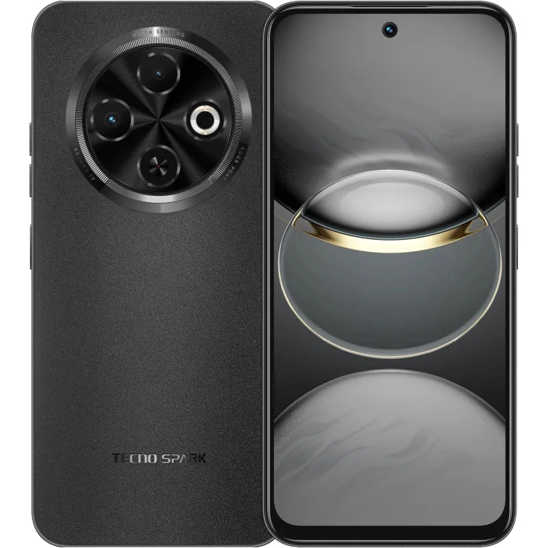 A TECNO Spark 30 smartphone showing the rear camera array and the TECNO logo on the back in black color, alongside a visual representation of the 6.78 inch display.